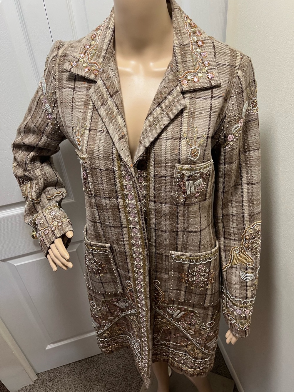 Vintage NWOT Johnny Was Biya Plaid Embellished Long Blazer